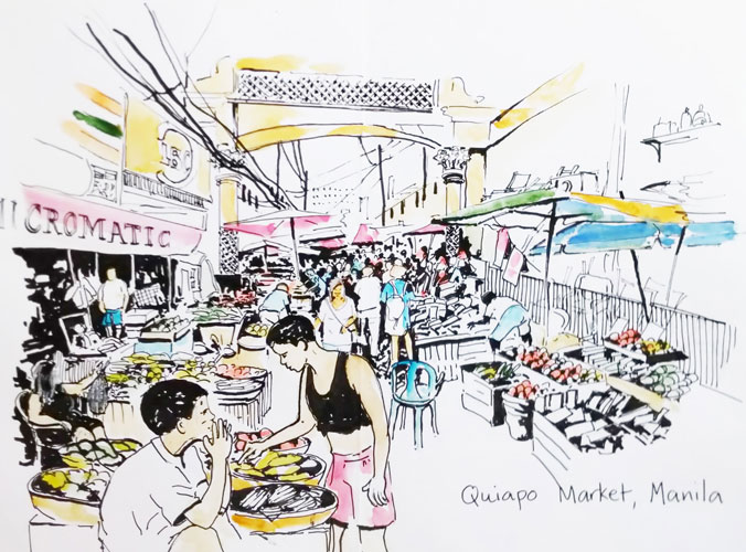 Manila Market. Sketched pen and wash