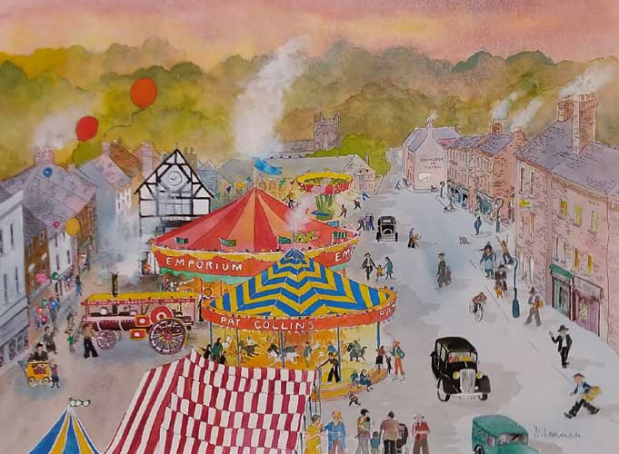 Sunset at Ashby Statutes Fair 1930. Painting by Di Lorriman