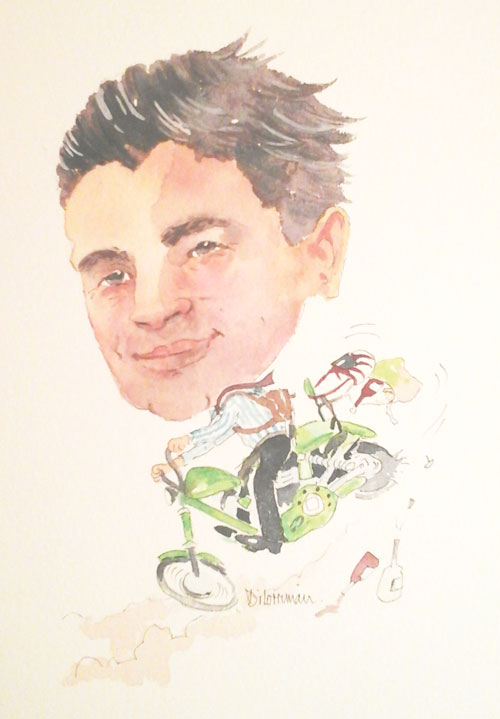 James on his Harley. Caricature by Di Lorriman